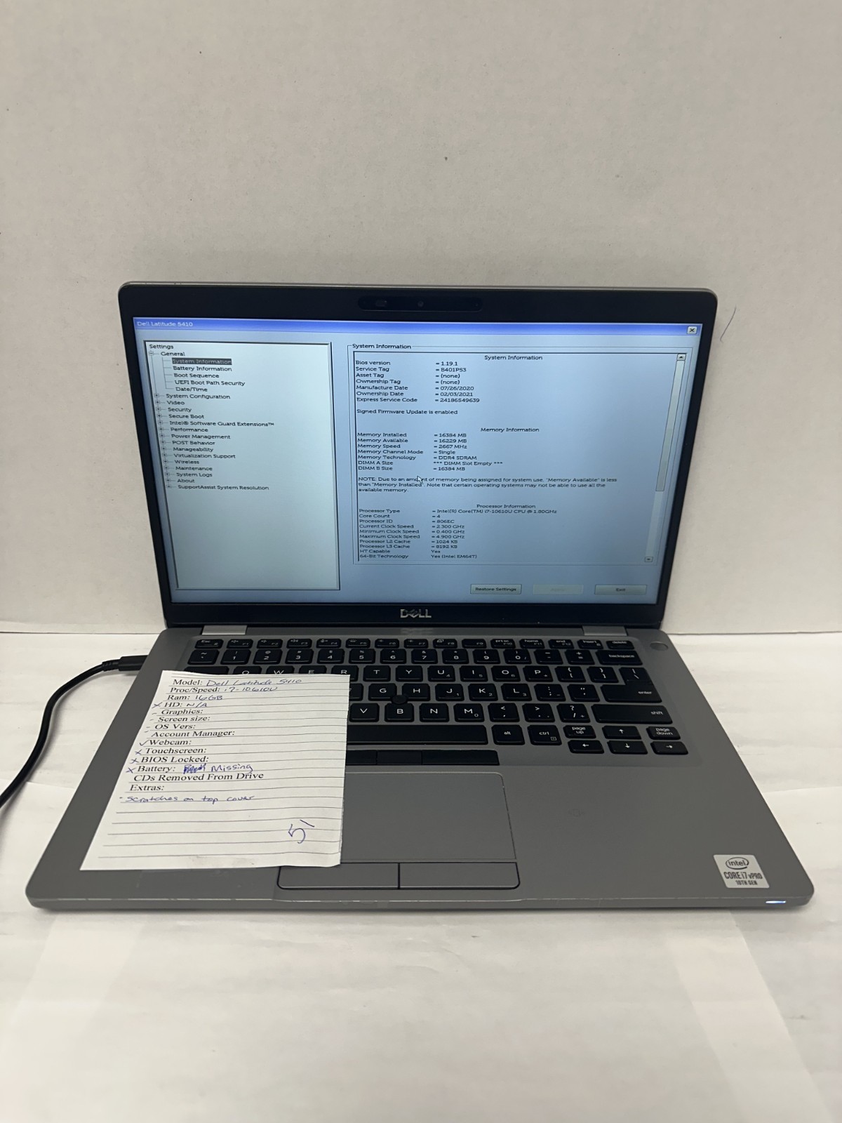 Dell Latitude 5410 i7-10th Gen/16GB RAM No HDD (No OS or Charger) Read Desc.