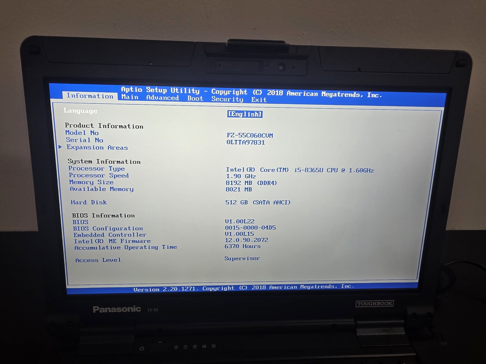 Panasonic FZ-55 MK1 i5 8th Gen 8GB 512GB SSD FHD W11 6370Hour – No Battery
