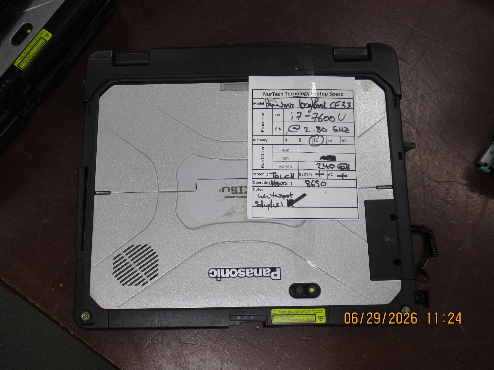 Panasonic Toughbook CF-33 2.8GHz i7-7600U 16GB 240GB M2SSD 8650 Hours Laptop +AC