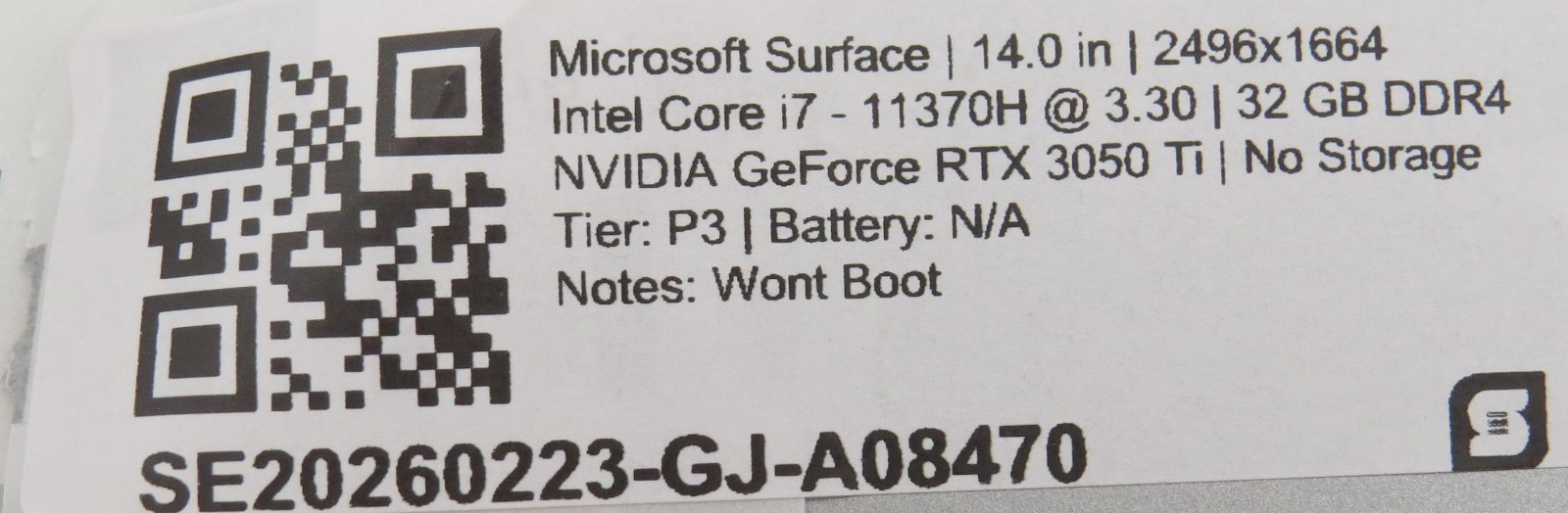 i7-11370H @ 3.3GHz 32GB DDR4 RTX 3050 Ti 14″ touch No HDD/OS/AC *REPAIR*