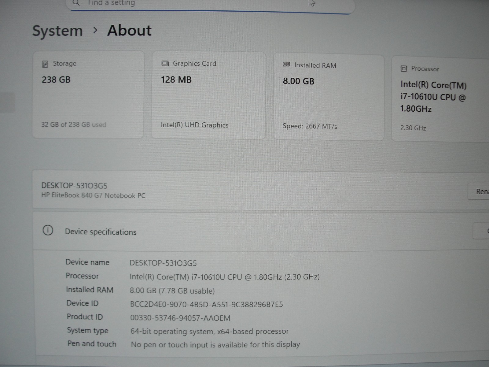 HP EliteBook 840 G7 14”FHD Intel Core i7-10610U 1.8GHz 8GB RAM 256GB SSD+Charger
