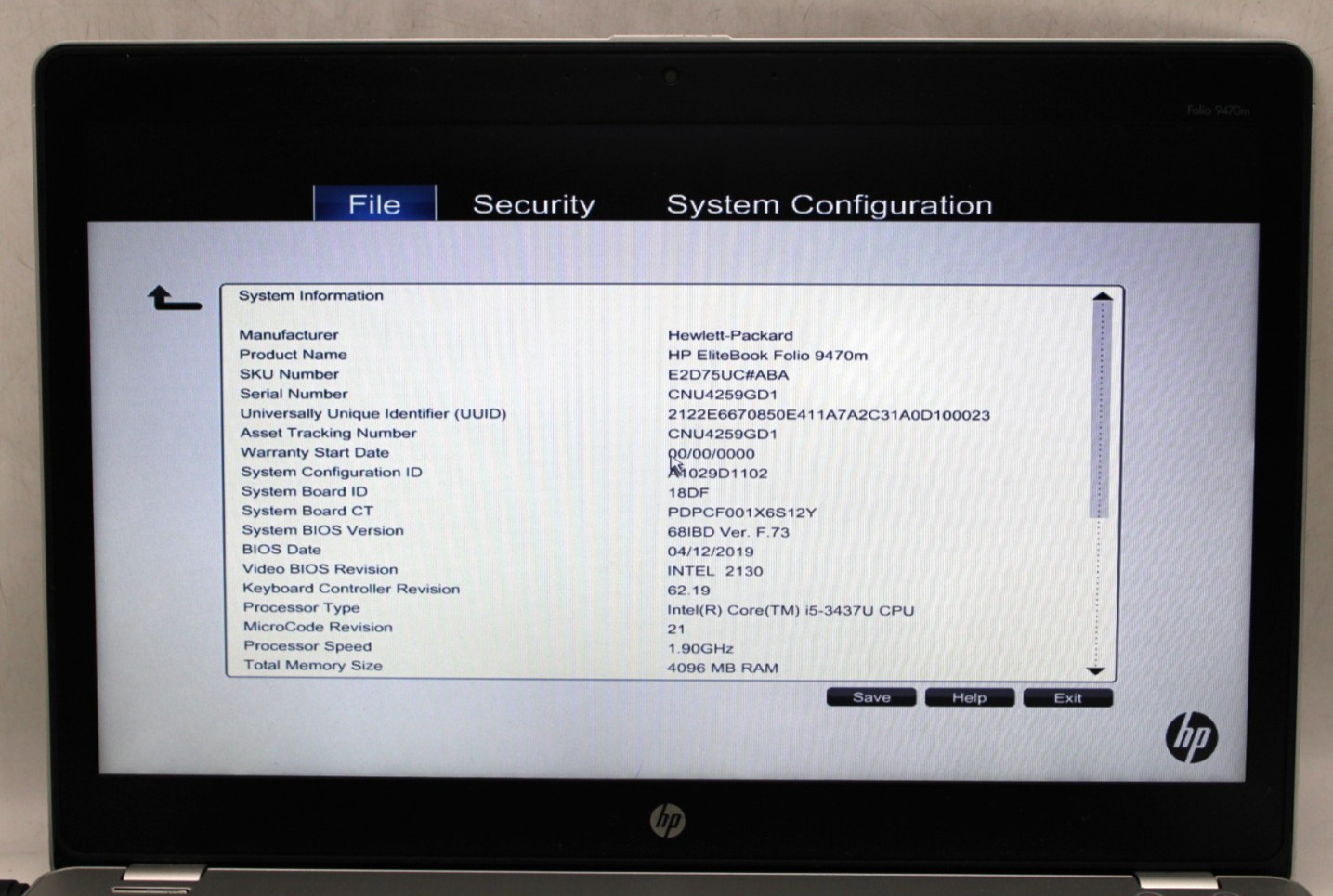HP EliteBook Folio 9470m-i5-3437U@1.9GHz-4GB RAM-NO STORAGE/OS *USED*