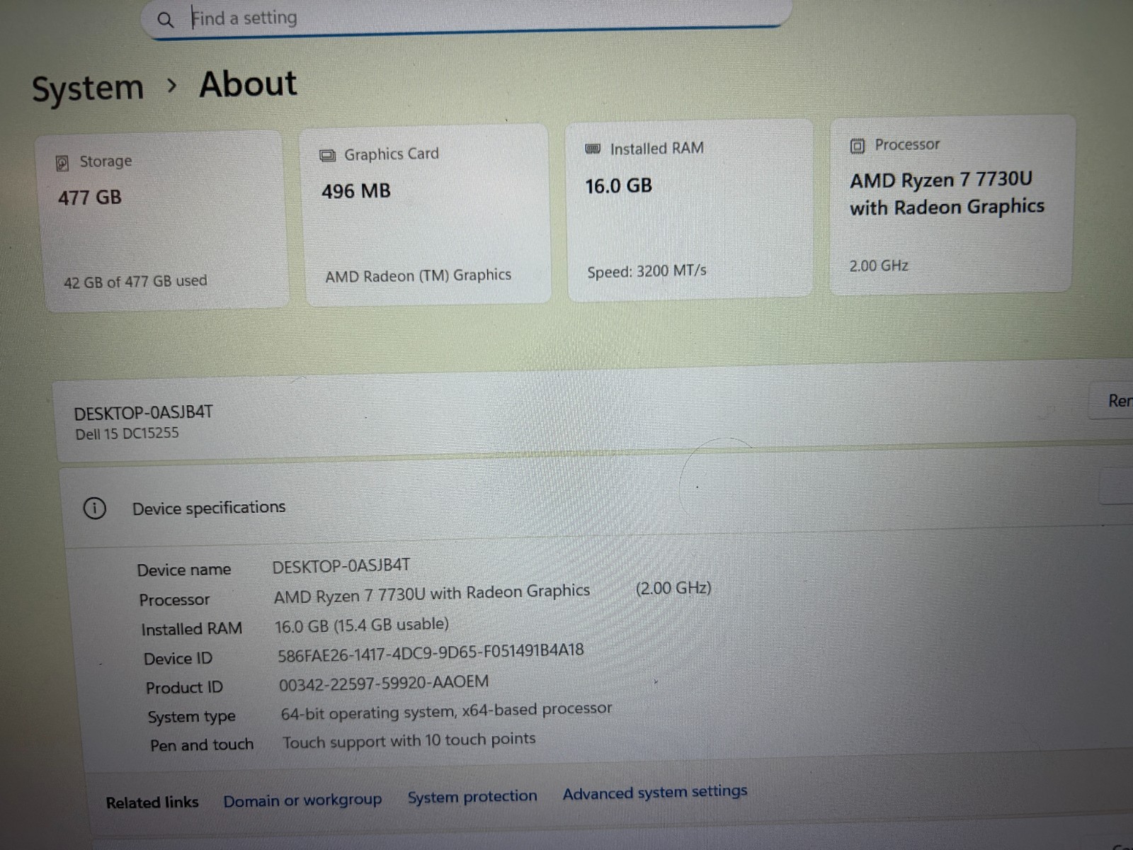 DELL 15 DC15255 G8MK9, AMD Ryzen 7 7730U, 16 GB RAM, 512 GB NVMe SSD