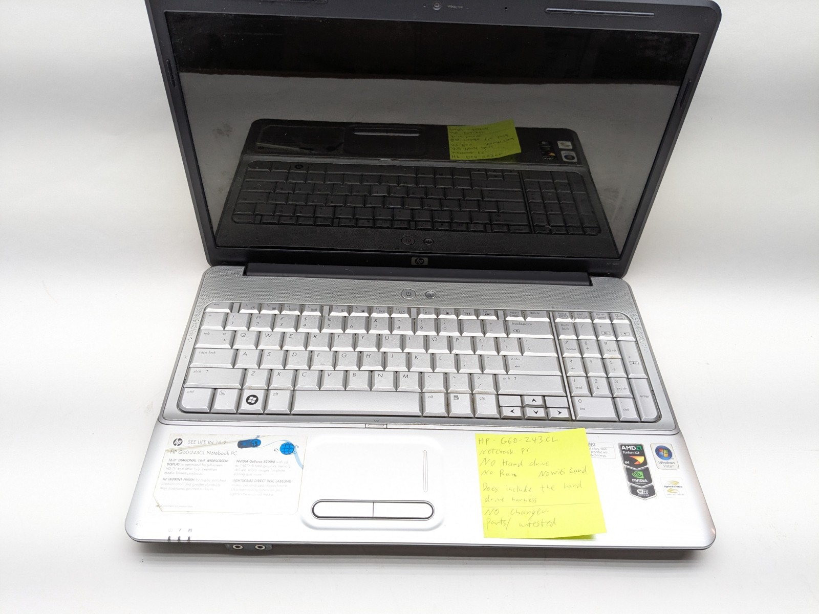 HP g60-243cl Notebook Pc Laptop SILVER For Parts 16″ Diagonal