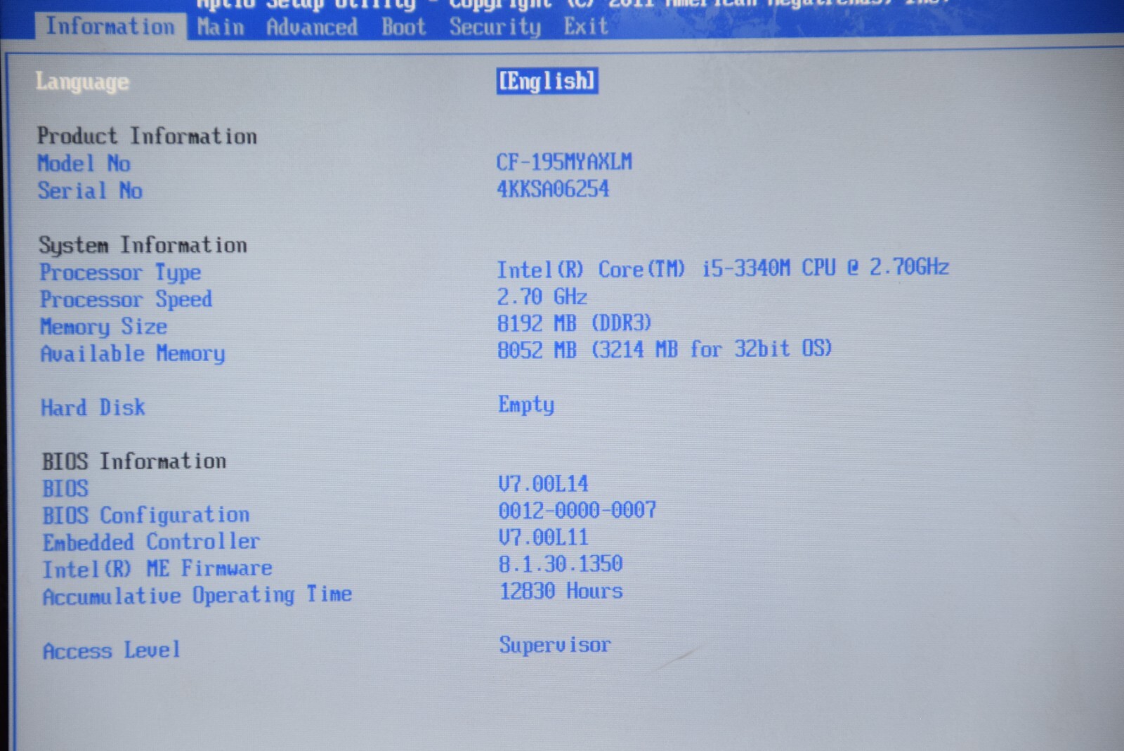 Panasonic CF-19 Intel Core i5-3340M 2.70GHz 8GB 10.5in No Hard Drive