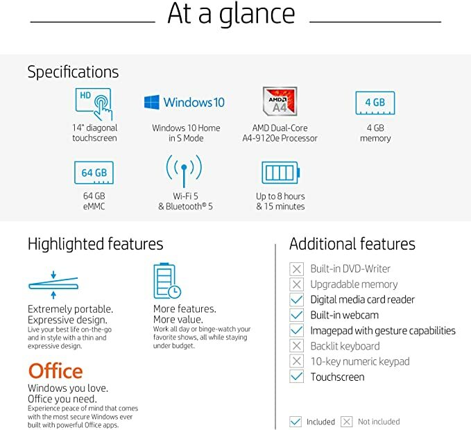 HP Stream 14-Inch Touchscreen Laptop, AMD Dual-Core A4-9120E Processor, 4 GB SDR