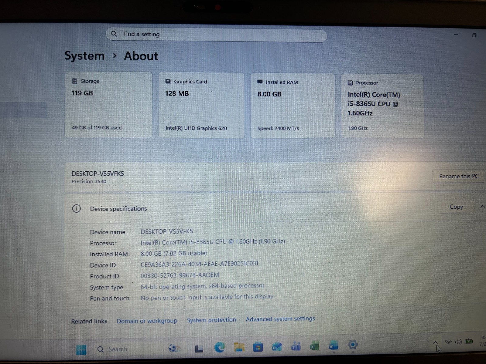 Dell Precision 3540 15.6″ i5-8365U 8GB 128GB SSD Win 11 Pro Office 2021 Backlit