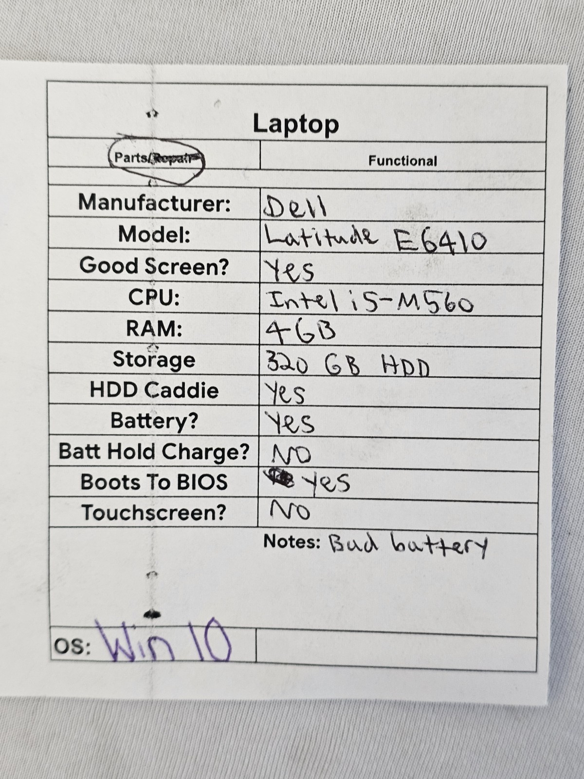 Dell Latitude E6410 Laptop – Intel i5-M560 – 4GB RAM – 320GB HDD BAD BATT Win 10
