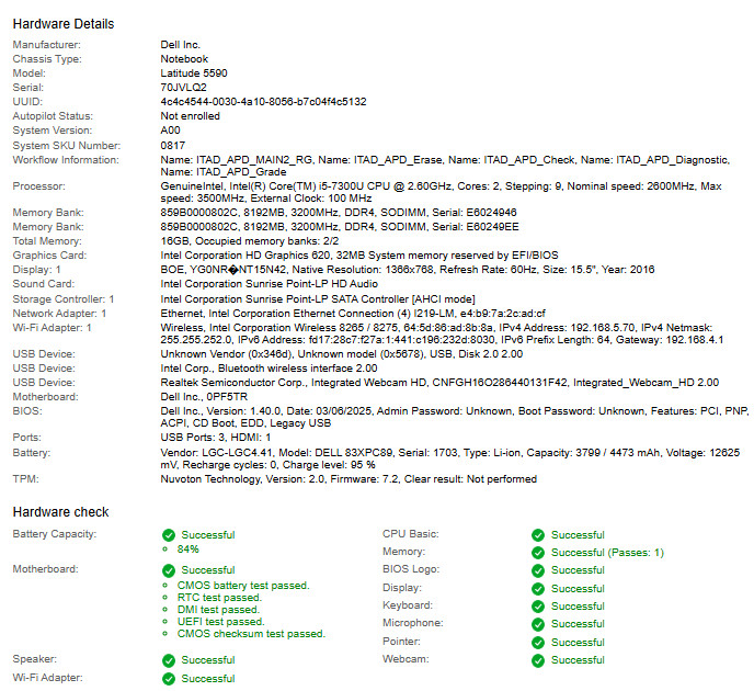 Dell Latitude 5590, i5-7300U CPU, @ 2.60GHz, 16GB RAM-No HDD/OS/Charger