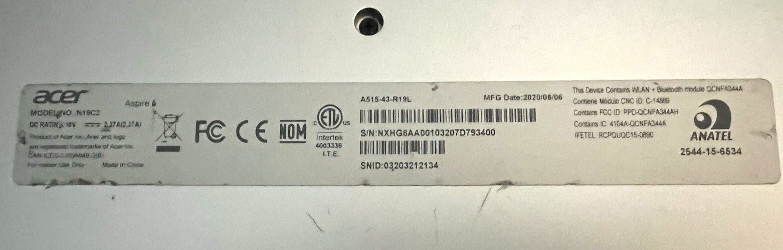 Acer Aspire 5 Laptop PC N1908 Untested