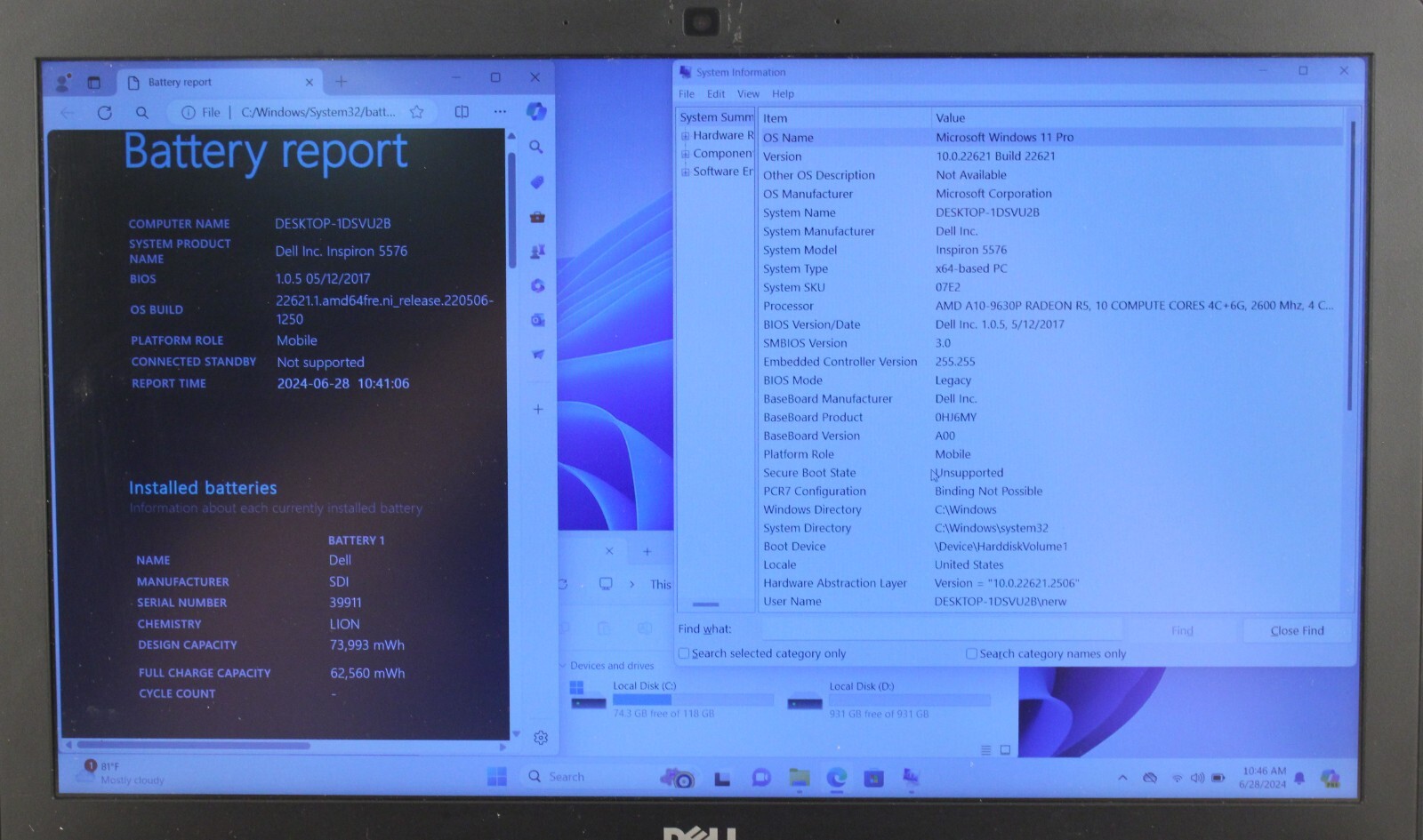 Dell inspiron 15-5576 16GB 2.6GHz AMD A10-9630P 1.1TB SSD Radeon RX560; 6121509