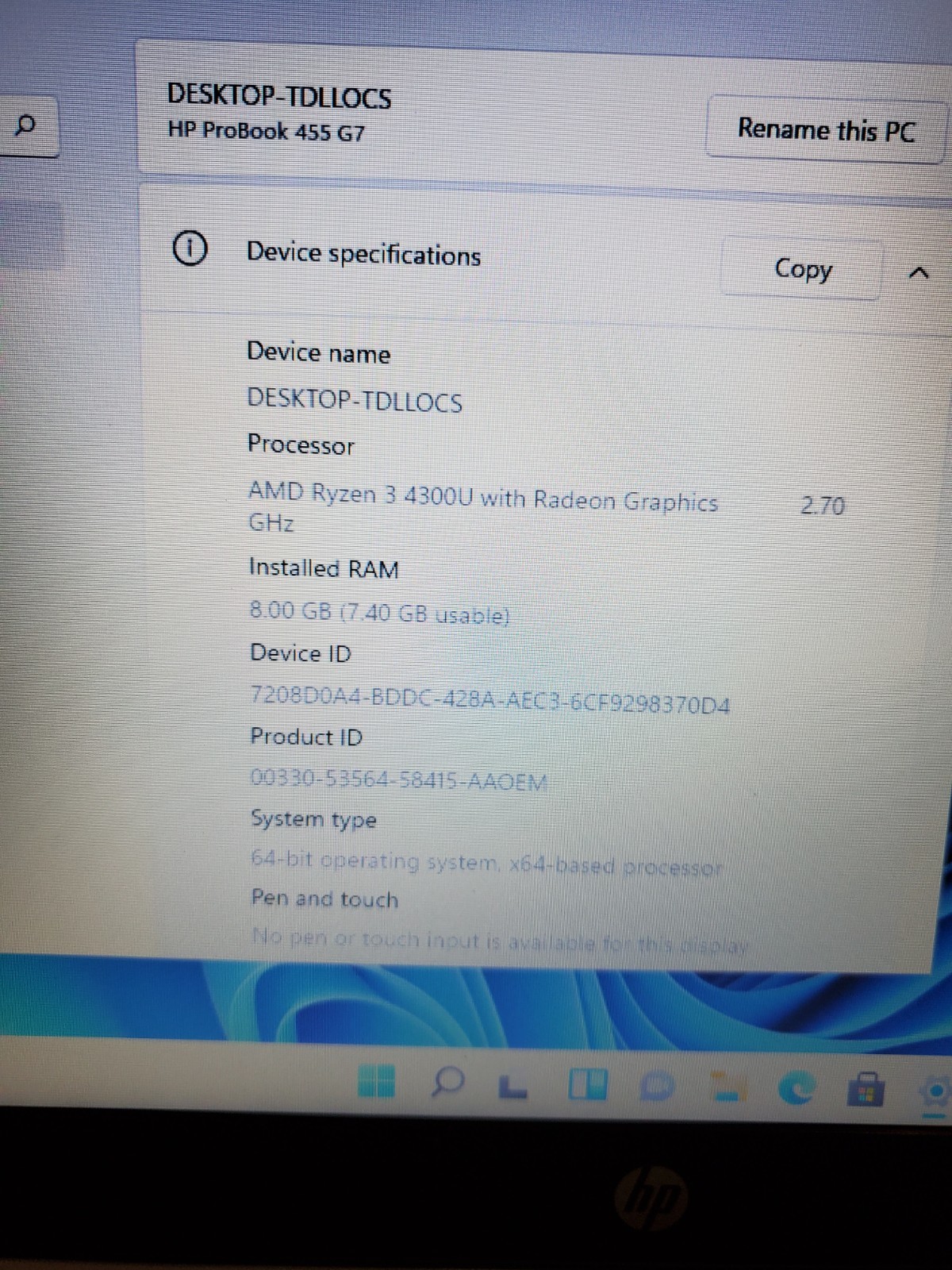HP Probook 455 G7 15.6″ Laptop AMD Ryzen 3 4300U 8GB RAM 256GB SSD Win11 #69