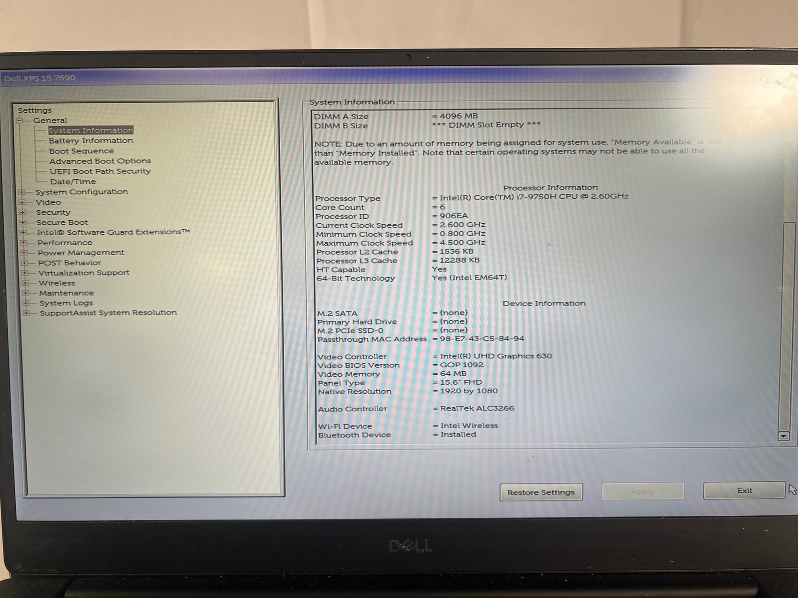 Dell XPS 15 7590 i7-9750H 2.6GHz None No Drive 15.6″ FOR PARTS/REPAIR