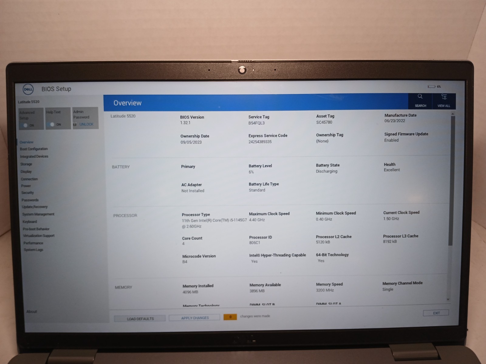 Dell Latitude 5520 15.6″ i5-1145G7 2.6GHz 4GB RAM NO SSD NO OS! BIOS PW! #97