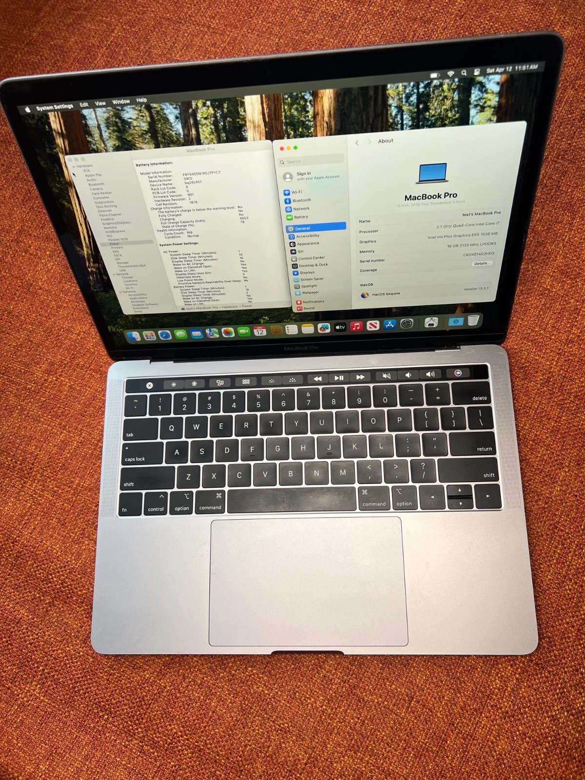 APPLE MacBook Pro 2018 Core i7 2.7 13″ 16GB RAM 2TB A1989 170 Battery Cycles!