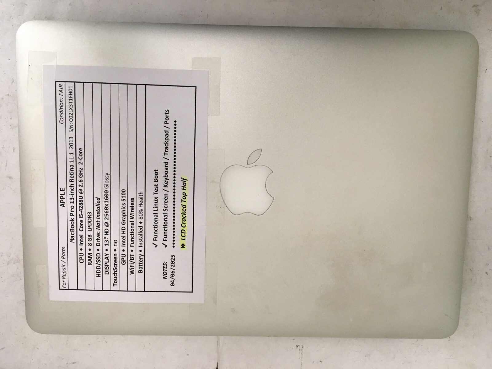 APPLE MacBook Pro 13 inch used laptop for parts/repair 11.1 2013