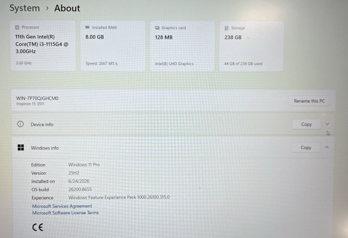 Dell Inspiron 15 3511 Intel i3-1115G4 @3.0GHz 8GB RAM – 256GB NVMe – W11P – A/C