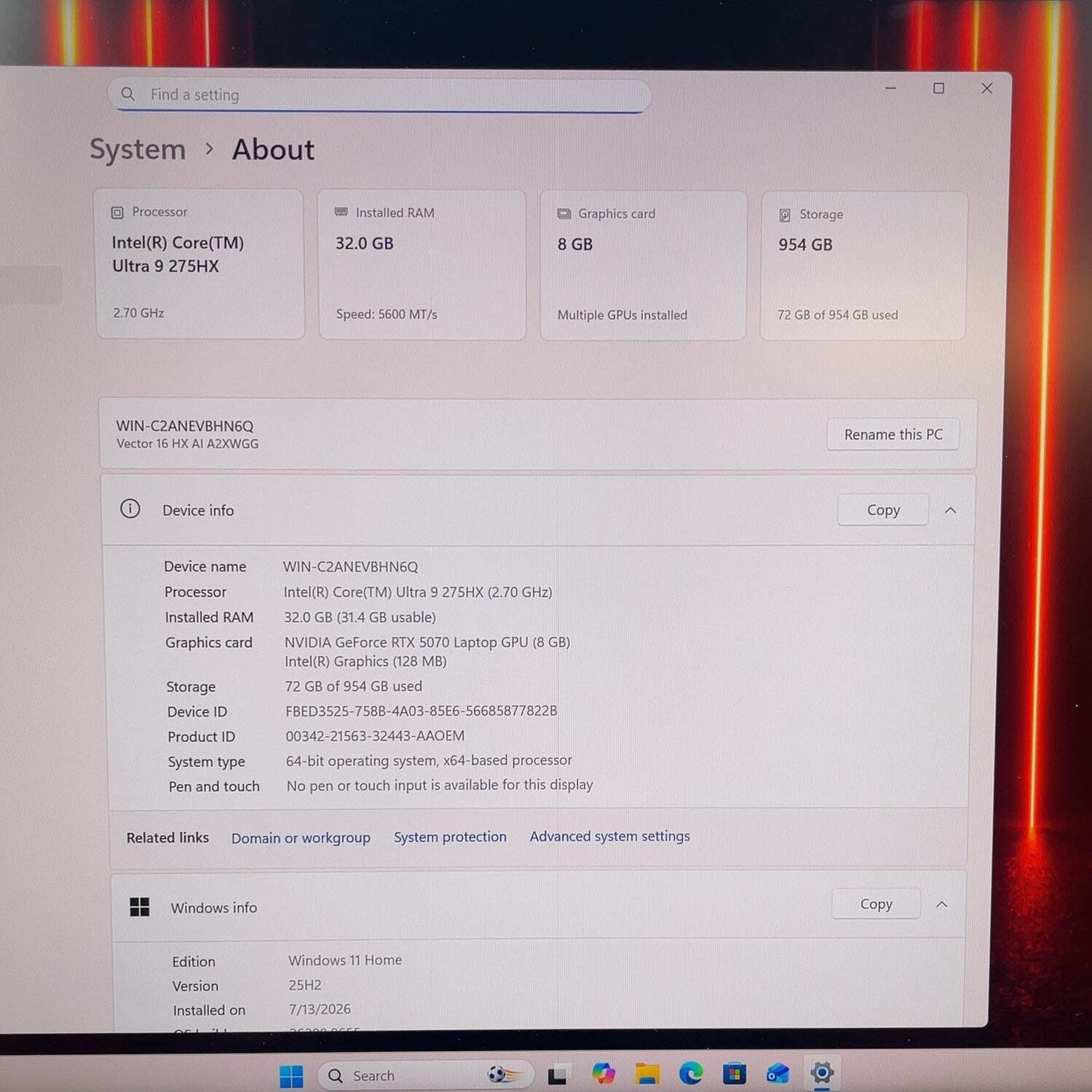 MSI Vector 16 HX AI A2XWGG 16″ Core Ultra 9 275HX 32GB RAM 1TB GeForce RTX 5070