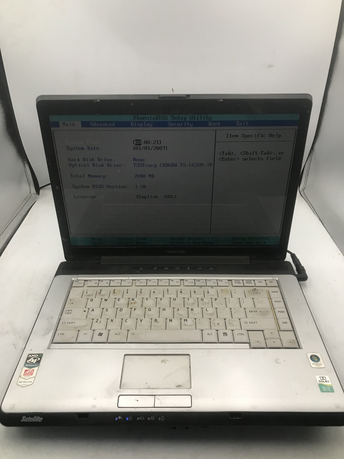 TOSHIBA SATELLITE A215 S5824 -BOOTS TO BIOS- AMD ATHLON 64 X2 – 2GB RAM -READ-BB