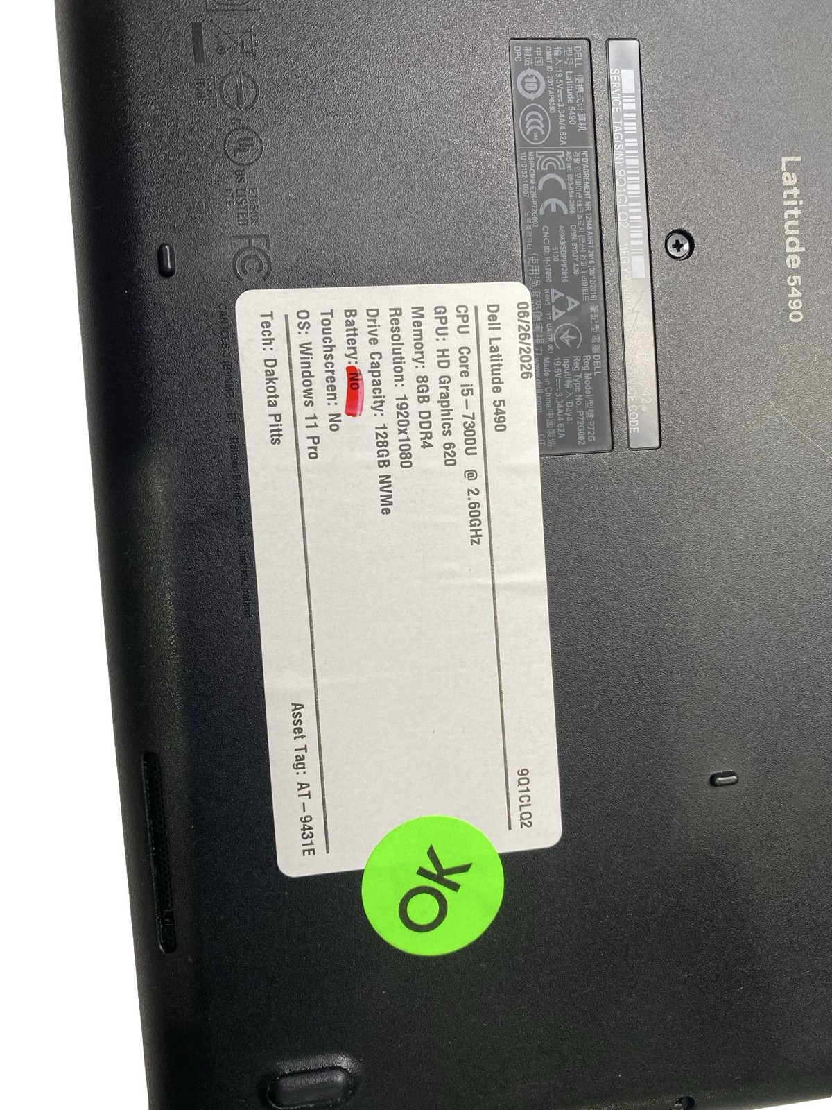 Dell Inc Latitude 5490 Core i5 7300U 8GB 128GB Win11Pro Grade C No Battery