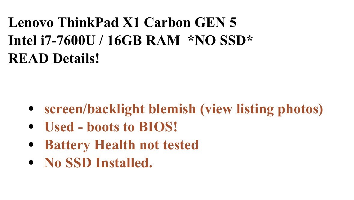 Lenovo ThinkPad X1 Carbon 14″ GEN 5 – i7-7600U 16GB RAM *NO SSD* – READ! Laptop