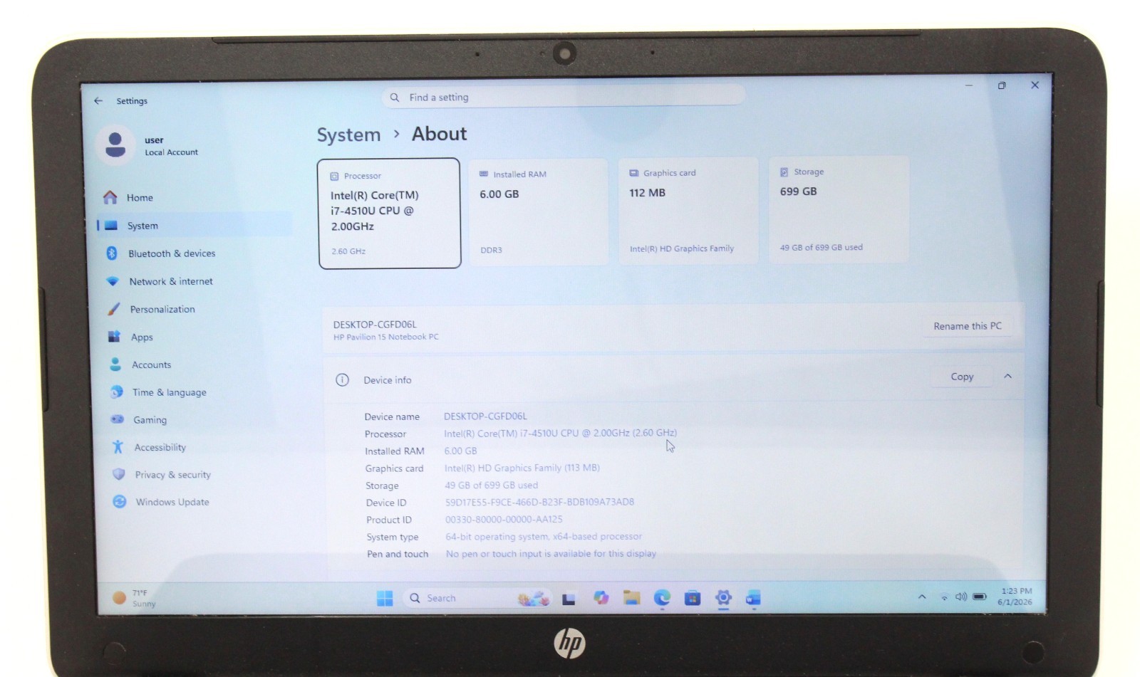HP Pavilon 15 15.6″ 2GHz i7-4510U 750GB HDD 6GB RAM Windows 11 Pro ; 6181886