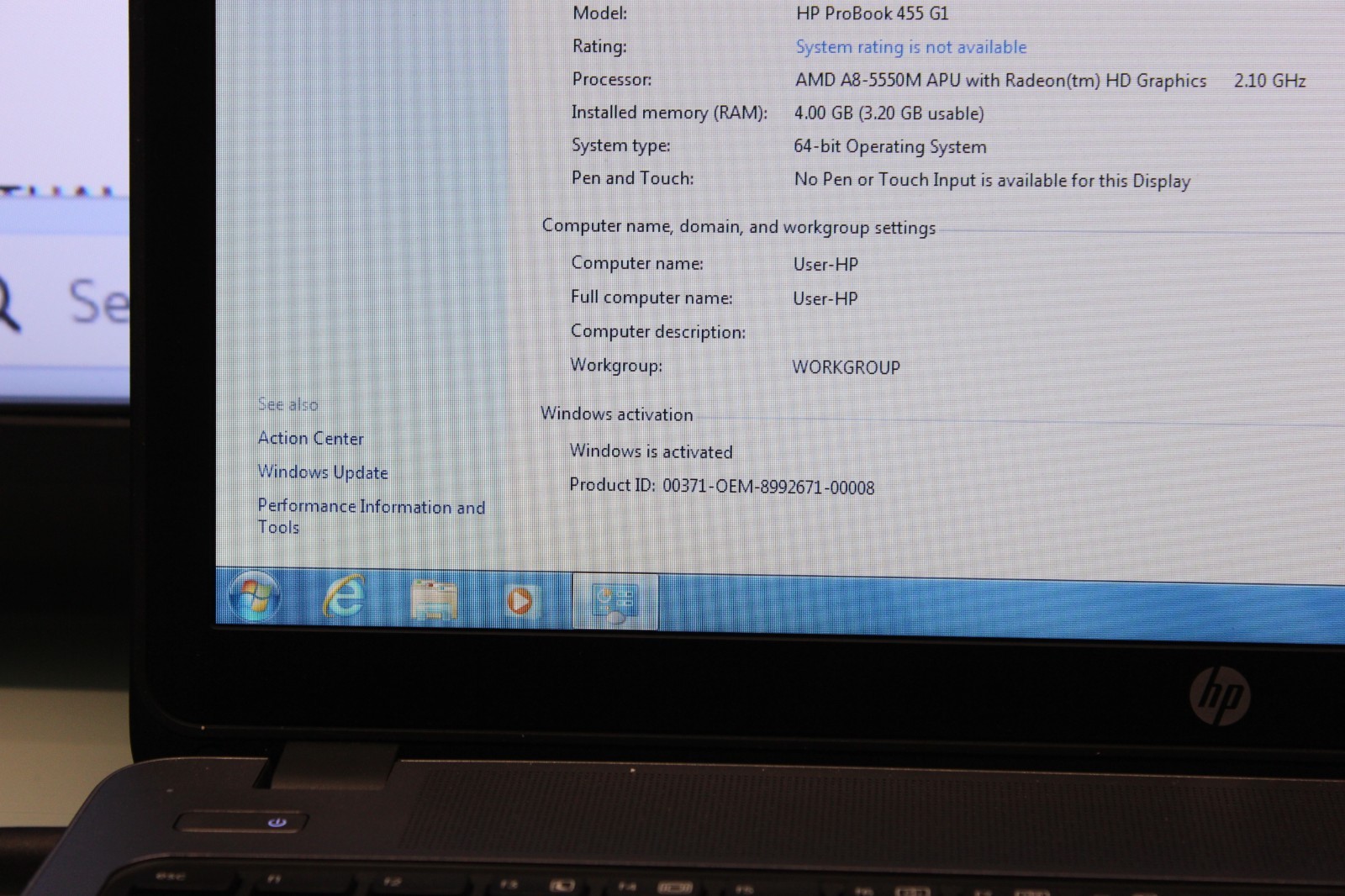 #67 HP ProBook 455 G1 15.6″ AMD A8-5550M @2.1GHz 4GB RAM 500GB HDD WINDOWS 7 PRO