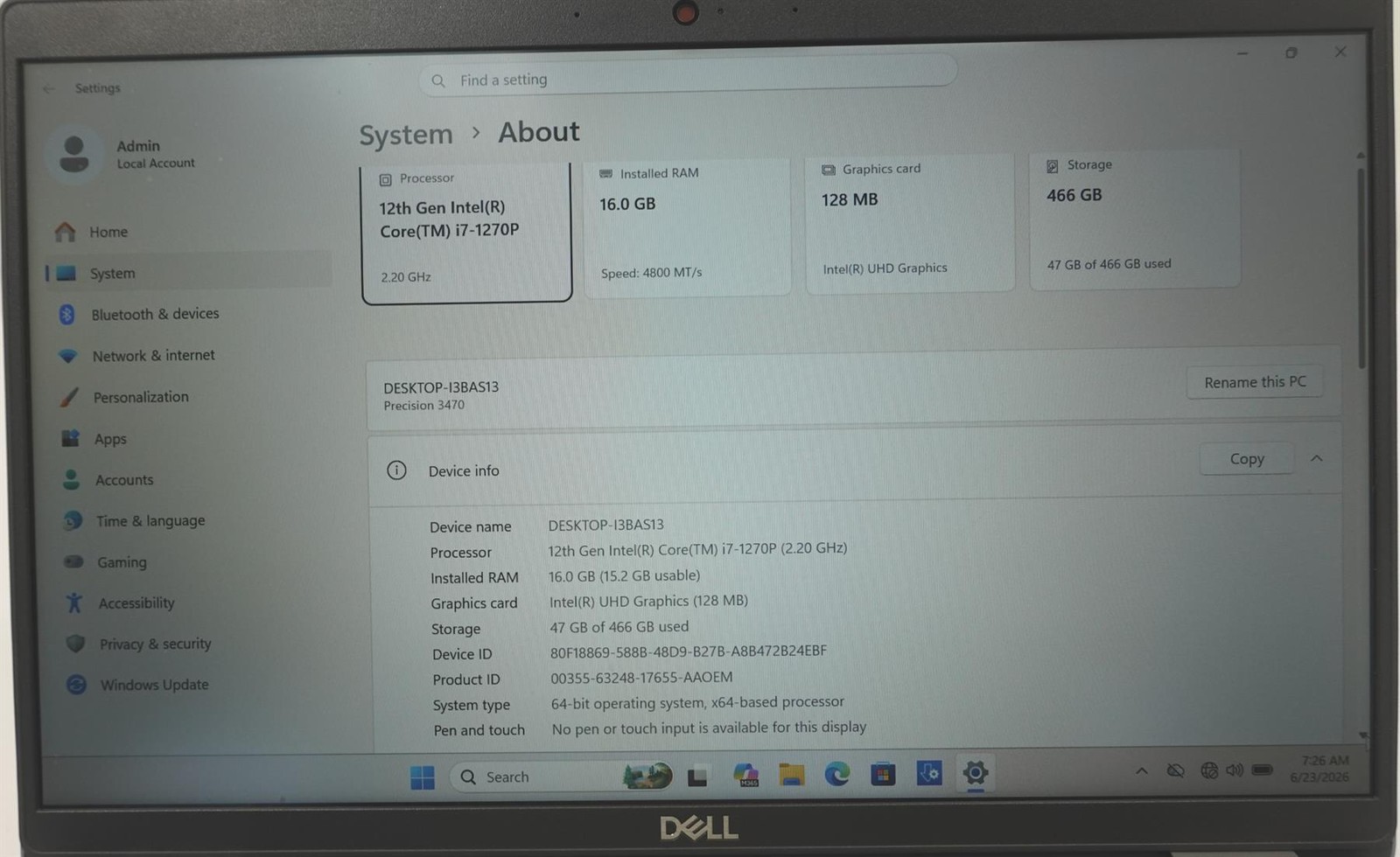 Dell Precision 3470 14″ Core i7-1270P 2.2GHz 16GB 500GB SSD
