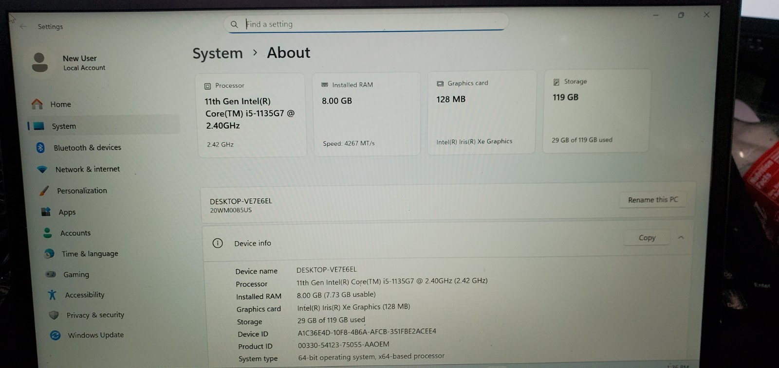 Lenovo ThinkPad T14s Gen 2i Laptop i5-11th Gen 2.4GHz 8GB RAM 128GB SSD Bad BAT