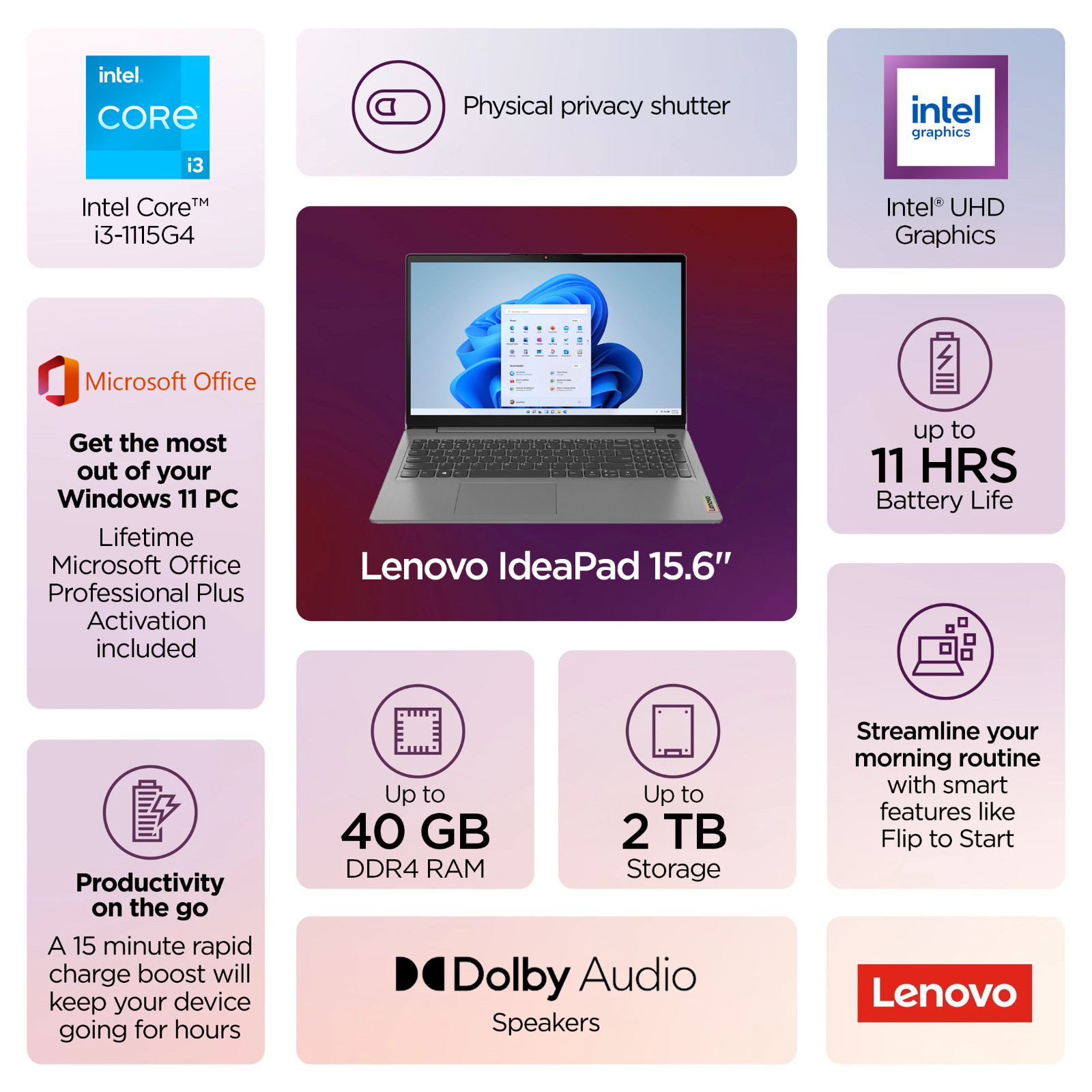 Lenovo IdeaPad 15.6″ Touch Laptop Intel Core i3 Upto 40GB RAM 2TB SSD Office Pro