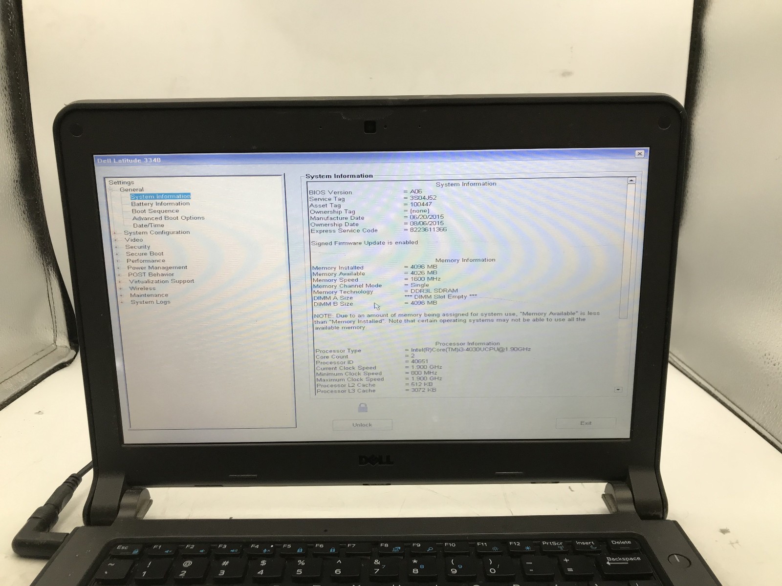 DELL LATITUDE 3340 – BOOTS TO BIOS/LOCKED – INTEL I3 4030U – NO RAM – READ – BB!