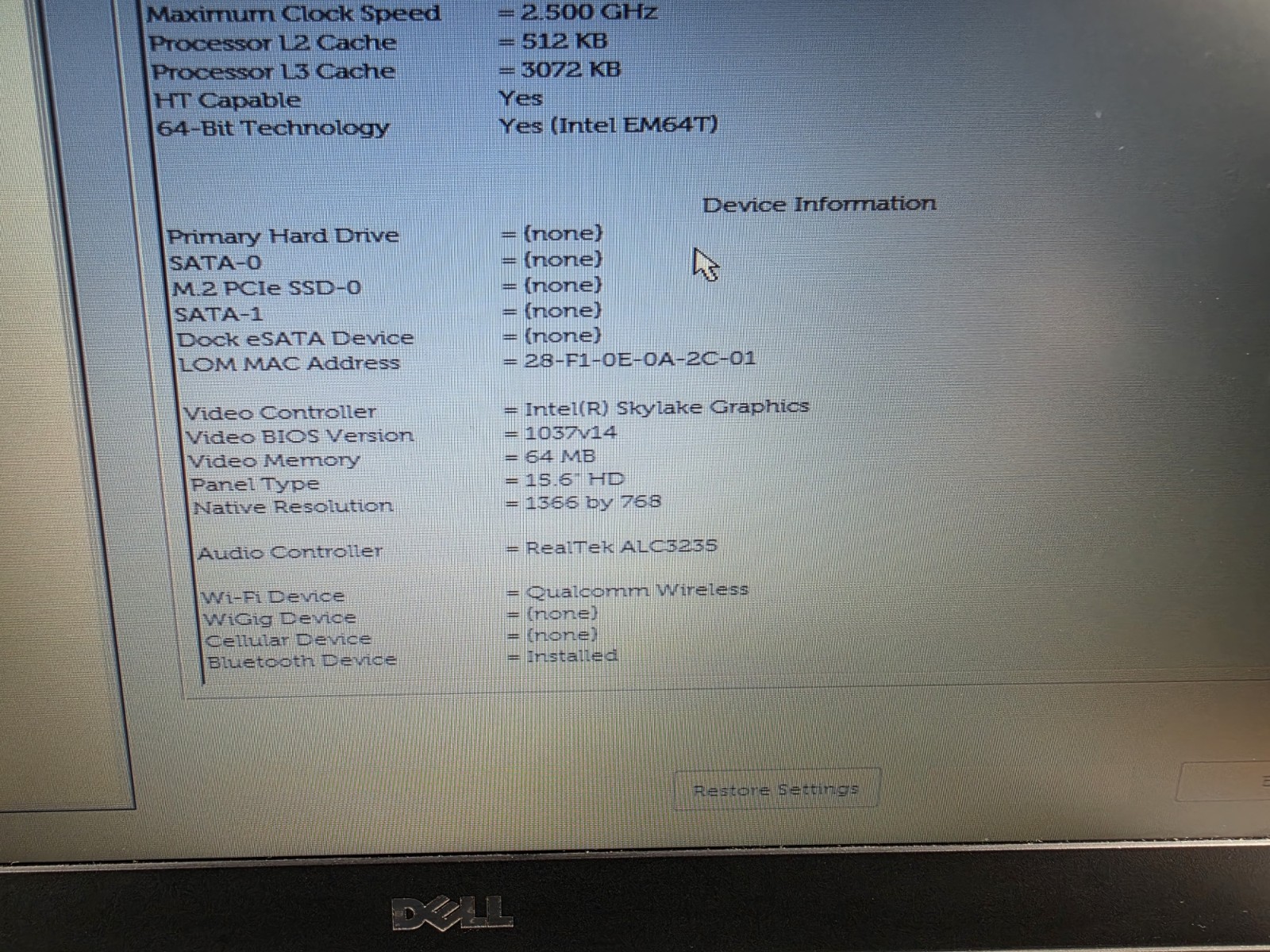 DELL LATITUDE E5570 15.6″ INTEL CORE I5-6300U 8GB Ram No SSD/BATTERY