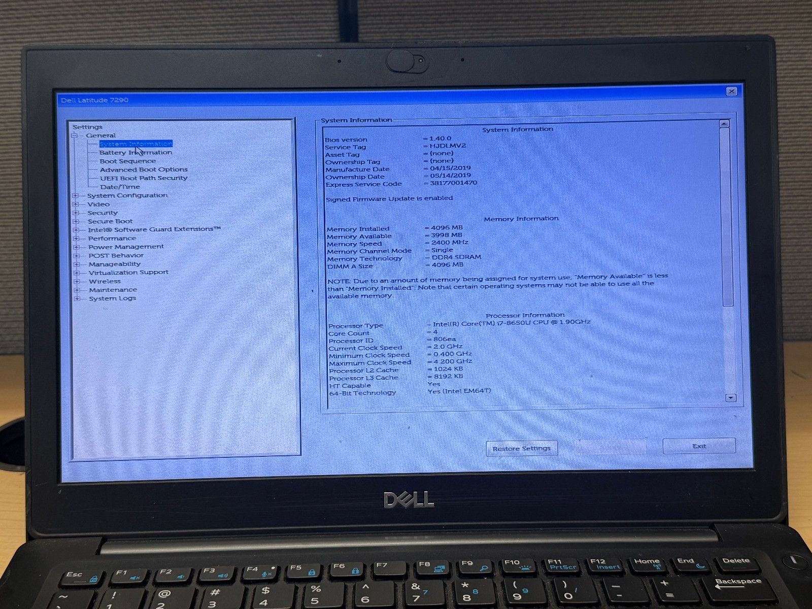 Dell Latitude 7290 11″ i7-8650U, 4GB DDR4, No SSD, Boots to BIOS, No OS