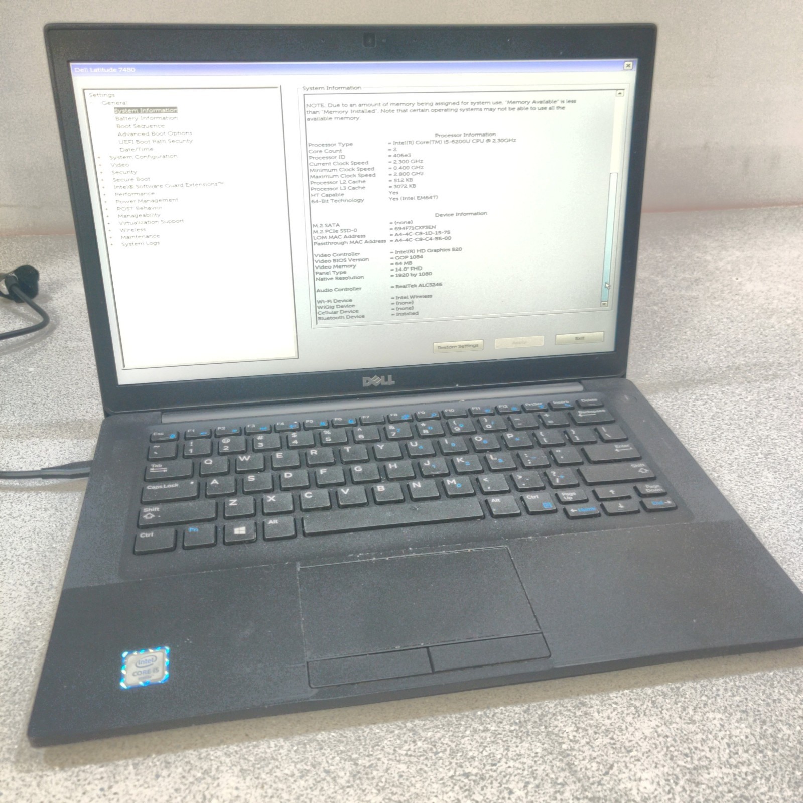 14 ” Dell Latitude 7480 Laptop i5-6200U 256GB SSD 16GB RAM Win 10P NO AC Adapter
