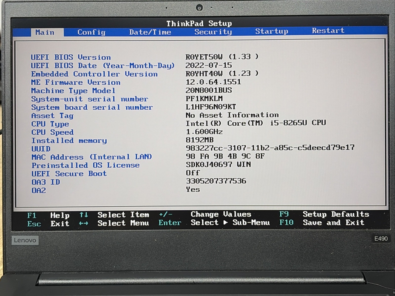 Lenovo ThinkPad E490 14″ FHD i5-8265U 8GB RAM No OS