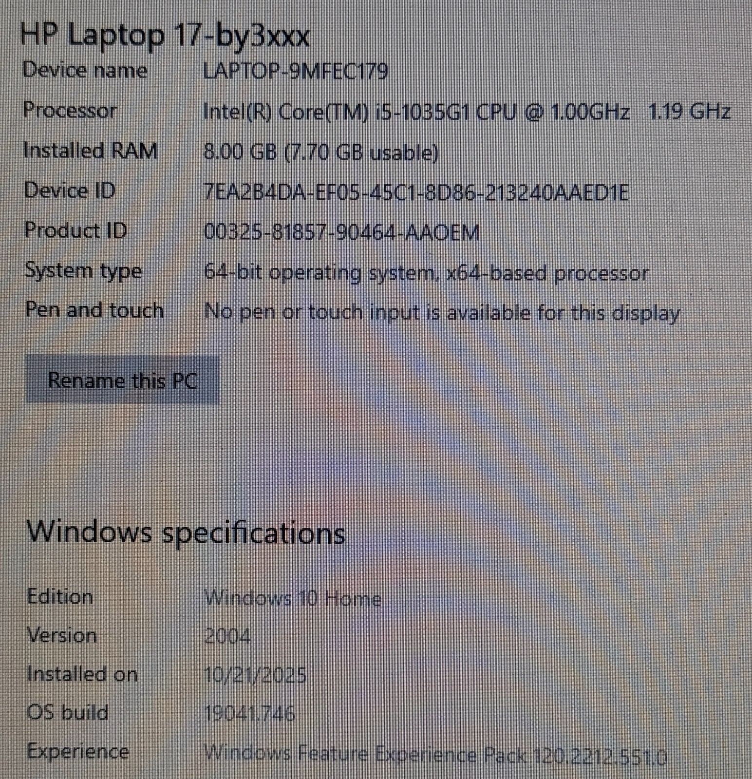 HP Laptop 17-by3065st 1.19 GHz Intel Core i5-1035G1 8GB Ram 120GB SSD Windows 10