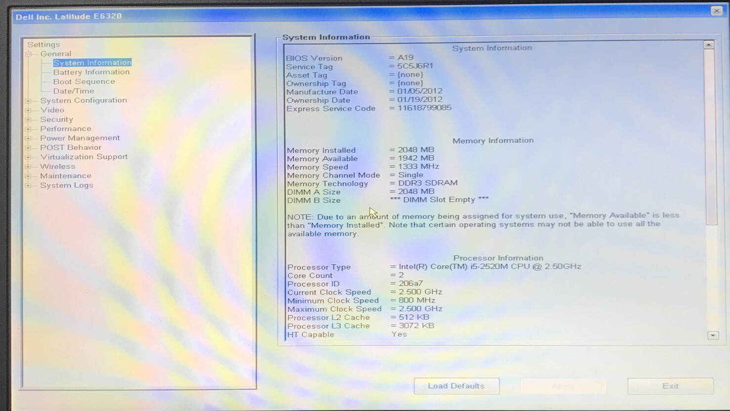 Dell Latitude E6320 i5-2520M 2.50GHz 2GB RAM No HDD Boot to BIOS broken Keys