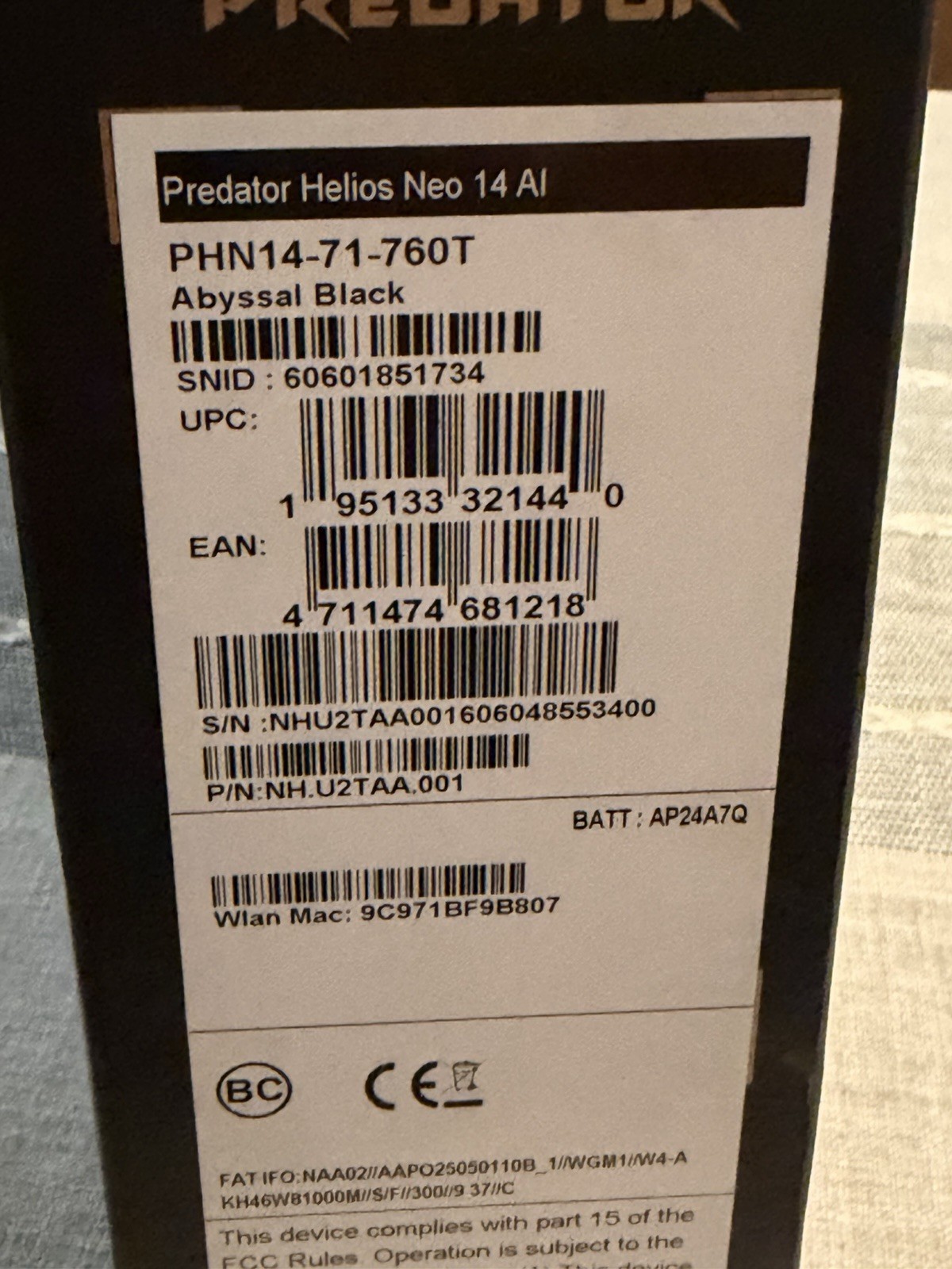 Acer Predator Helios Neo 14 AI RTX 5060 Ultra 7 255H 16GB 1TB
