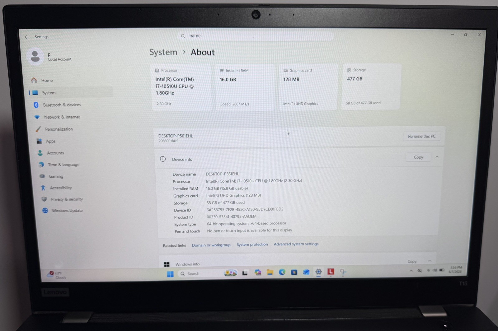 LENOVO ThinkPad T15 Gen1 i7 16GB RAM 512GB SSD WIN11P