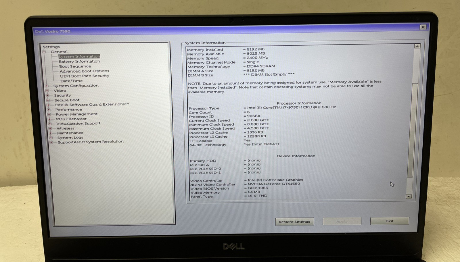 Dell Vostro 7590 15.6” Core Intel i7-9750H @2.60GHz 8GB RAM NO SSD For Parts