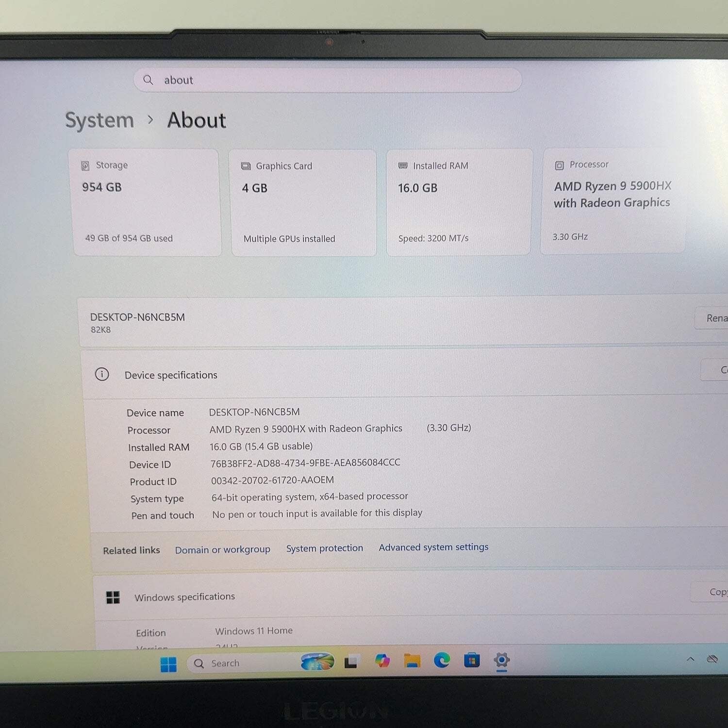 Lenovo Legion S7 15ACH6 Ryzen 9 5900HX 16GB RAM 1TB SSD RTX 3050 Ti UHD 4K