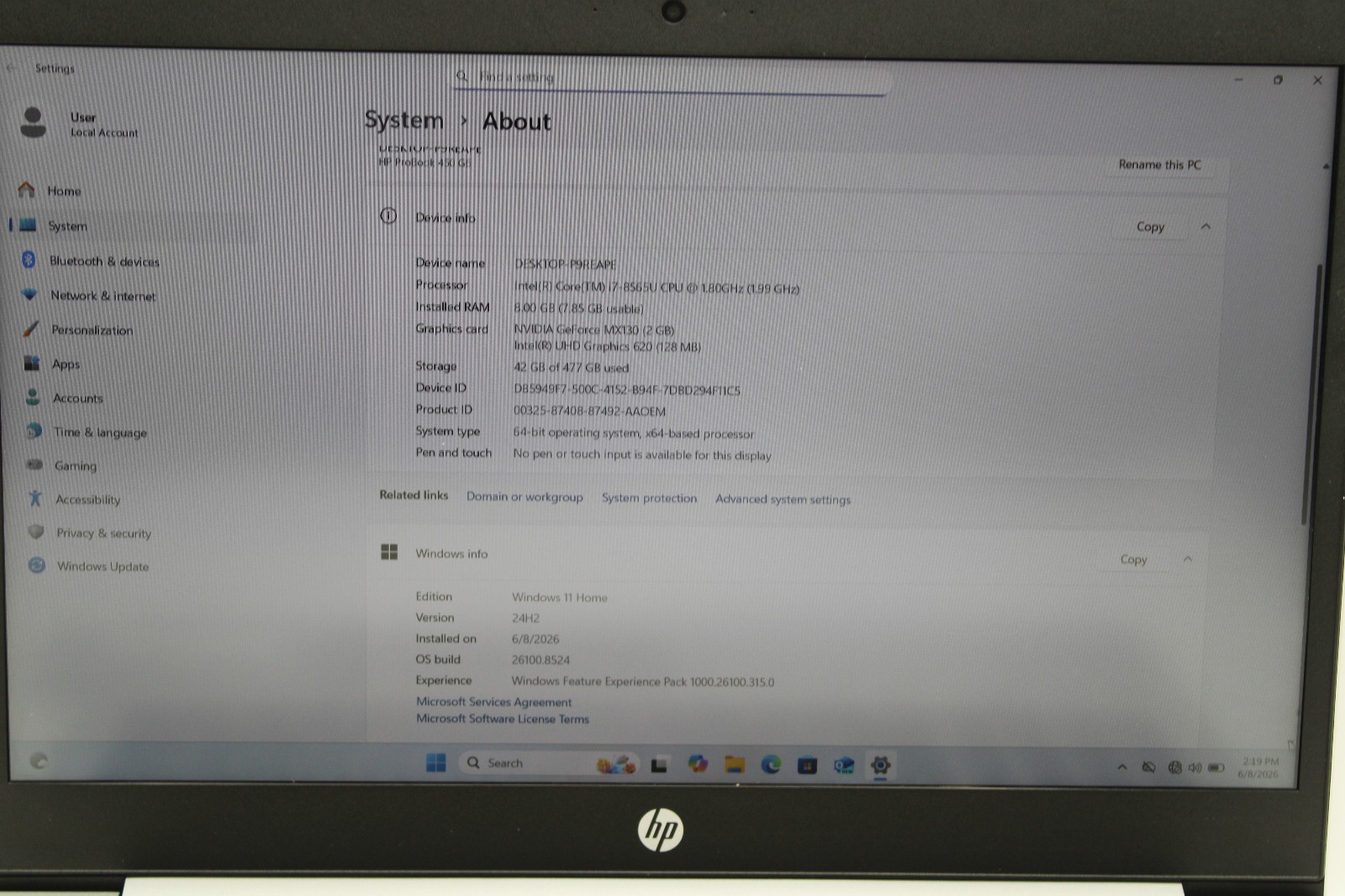 HP ProBook 450 G6 i7-8565U @ 1.8 GHz 8GB RAM 512GB SSD MX130 W11H
