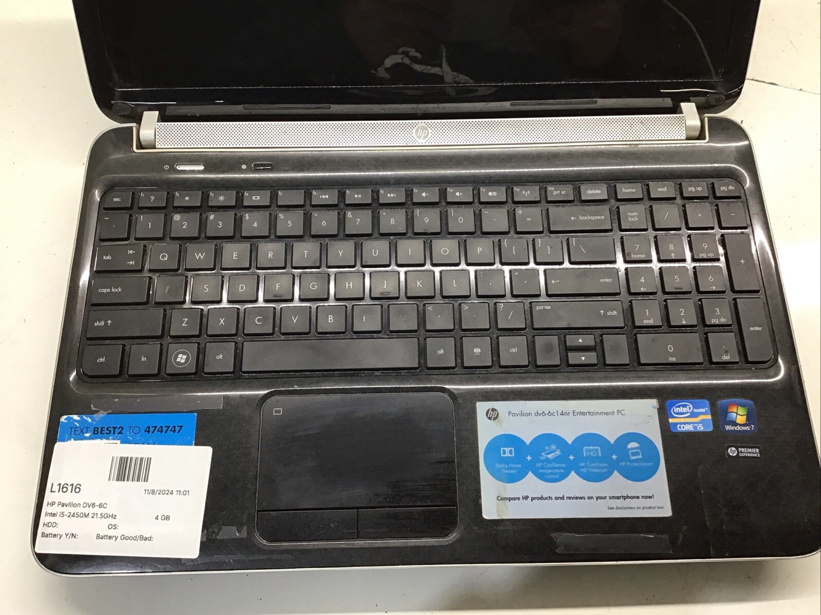 HP Pavilion DV6-6C14NR Intel i5-2450M 21.5GHz 4 GB NO HDD No Batt