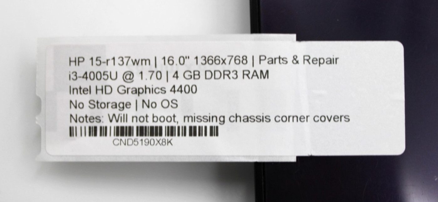 HP 15-r137wm i3-4005U@1.7GHz 4GB DDR3 NO STORAGE OR OS *PARTS/REPAIR*