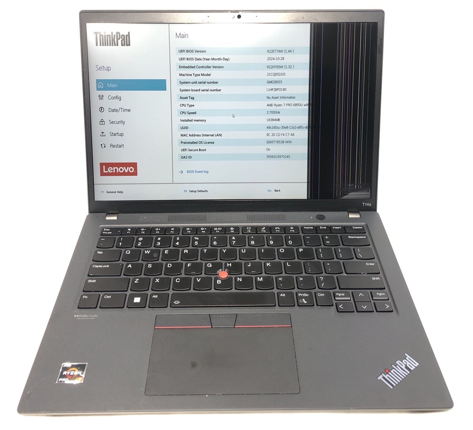 Lenovo ThinkPad T14s, AMD Ryzen 7 Pro 6850U @2.70Ghz, 16GB RAM, NO SSD/OS, READ*