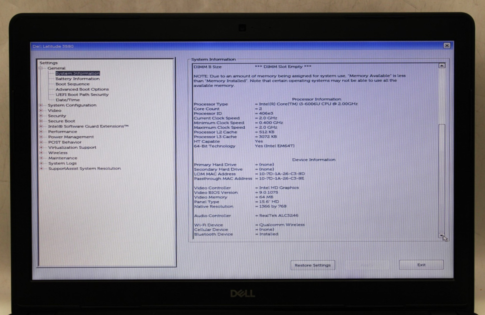 Dell Latitude 3580 i3-6006U@2.0GHz 4GB DDR4 RAM NO STORAGE/OS *USED/TESTED*