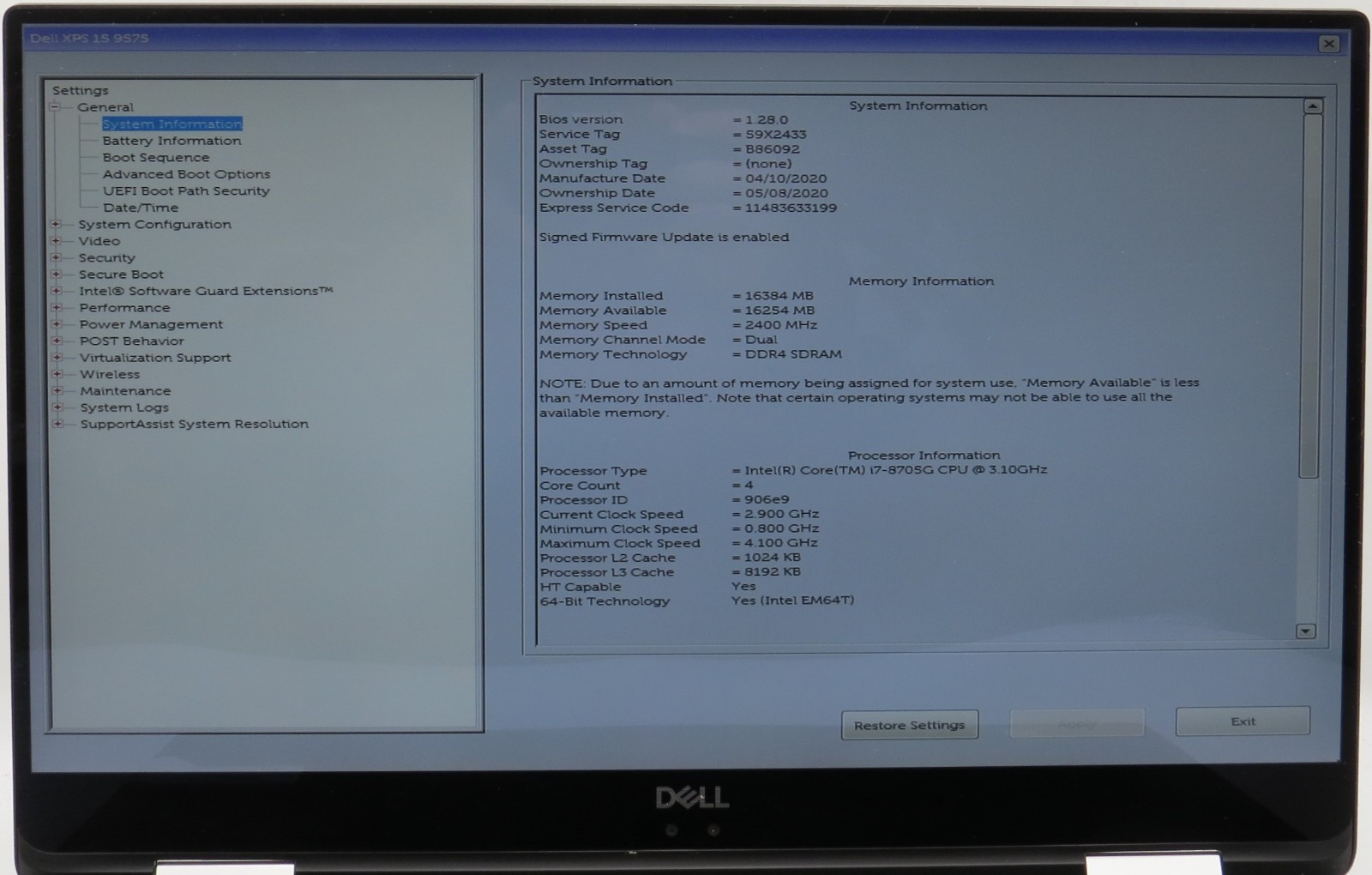 Dell XPS 15 9575 Touch 2in1 i7-8705G 16GB RAM 256GB SSD Radeon Vega No OS