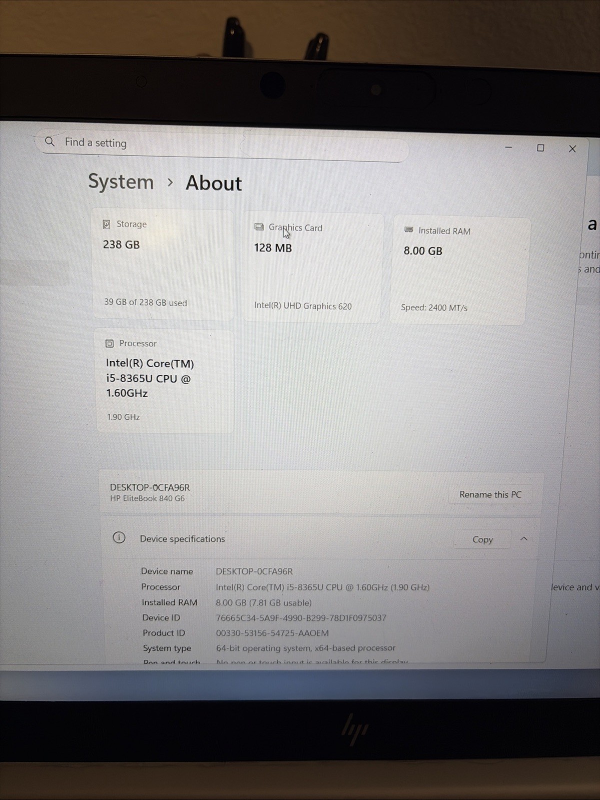 HP EliteBook 850 G6 | i5-8365U 1.60GHz | 8GB RAM | 250GB SSD