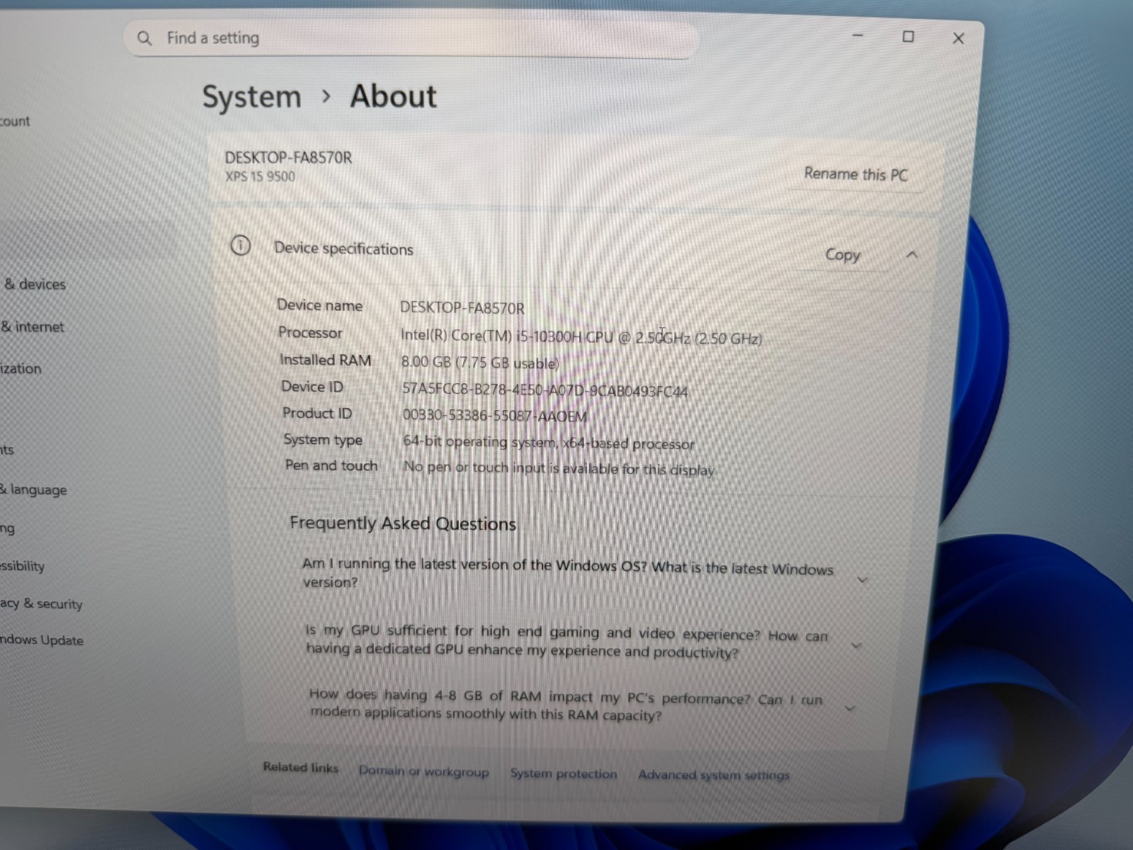 Dell XPS 15 9500 15.6″ 512 GB SSD 8 GB RAM i5-10300H Windows 11 Pro