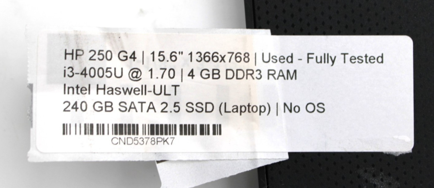 HP 250 G4 i3-4005U@1.7GHz 4GB DDR3 240GB SATA NO OS *USED/TESTED*